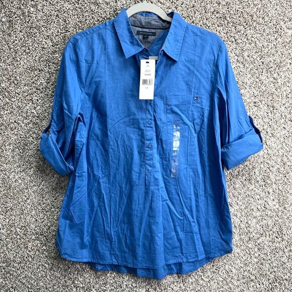 Tommy Hilfiger Top Women’s L Blue 100% Cotton Collared Button Down Popover NWT - Picture 1 of 7